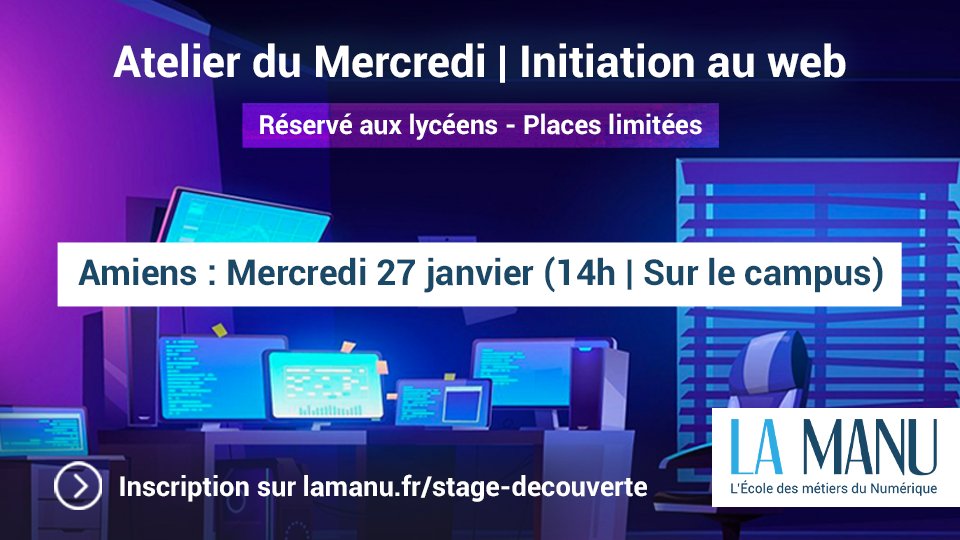 LaManuFormation's tweet photo. Le campus de La Manu à #Amiens organise un atelier d'initiation au web, à destination des lycéens ! 😉 L'occasion de découvrir une étape clé d'un projet web : le maquettage.

📆 Mercredi 27 janvier à 14h sur le campus Amiens
💻 Inscription :  https://t.co/rhN8hSSUNU

#orientation https://t.co/Pk4Rinigq5
