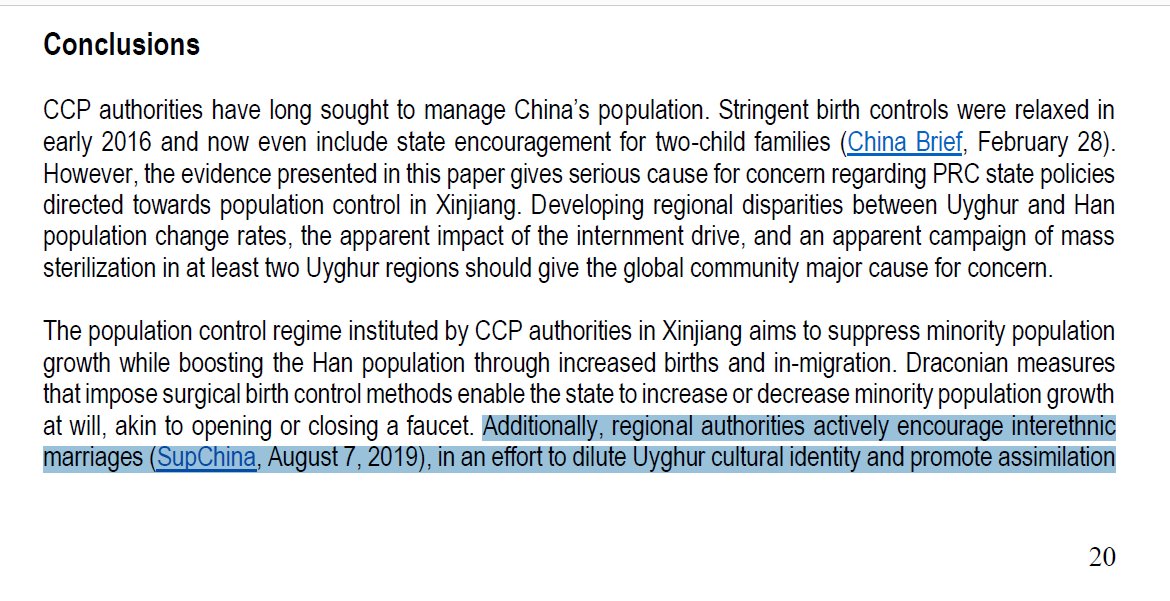 S3.1: The conclusion mentions encouragement of interethnic marriages and dilution of Uyghur cultural identity, but this was not discussed at all in the body of the article. It also mentions a game plan of "ethno-racial domination", also not explored in the body of the article.