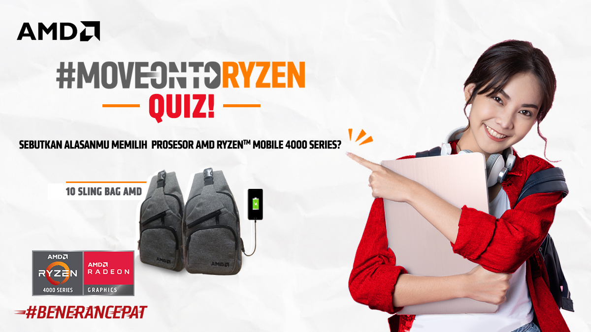 AMDIndonesia's tweet photo. Nah sekarang apa nih pendapatmu? Yuk sekalian ikutan #MoveOnToRyzen Quiz dengan share alesanmu pilih prosesor AMD Ryzen Mobile 4000 Series. Ada merchandise eksklusif 10 sling bag AMD menantimu! Let’s join! https://t.co/iopXhIftR8