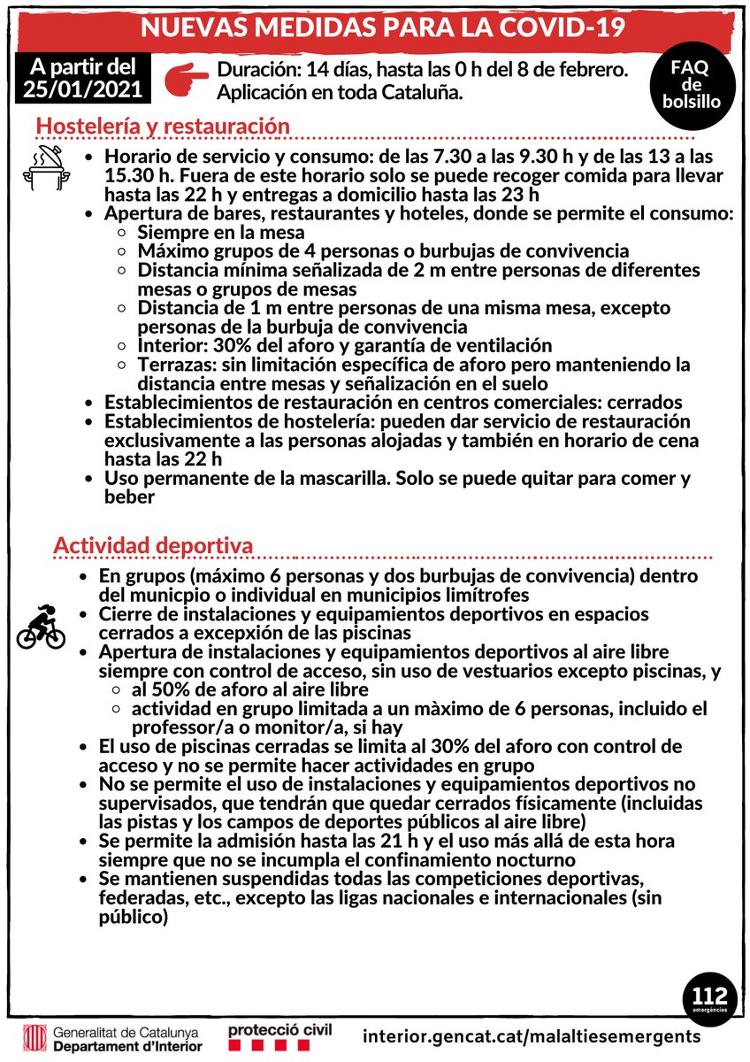 emergenciescat's tweet photo. 🔴 Prórroga de las medidas restrictivas actuales para frenar la propagación de la #COVID19

Vigentes a partir de hoy 25 de enero hasta las 00 horas del 8 de febrero

Medidas de aplicación en toda Cataluña 👇 👇 👇 👇 👇 👇 https://t.co/uvFsQvBh4d