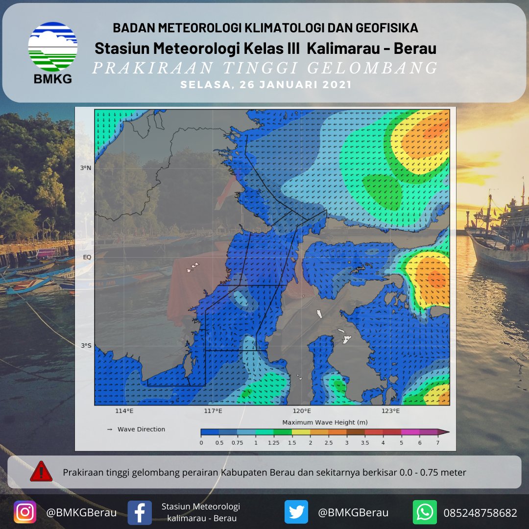 Selamat siang Agay - Ulay,
Berikut update Prakiraan Tinggi Gelombang untuk Wilayah Perairan Kab. Berau dan sekitarnya esok hari [Selasa, 26 Januari 2021], Semoga bermanfaat
#infoBMKG #Marikenalicuaca #CuacaBerauHariini