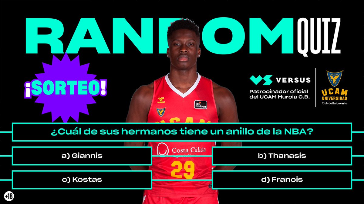 UCAMMurcia's tweet photo. 😎 | RANDOM QUIZ |
🎽 ¿Quieres ganar una camiseta oficial del @UCAMMurcia?
✍️ ¡Atentos, que os decimos cómo!
1️⃣ Sigue a @UCAMMurcia y a @VERSUSapuestas
2️⃣ Responde correctamente a la pregunta que lanzamos.
3️⃣ Haz RT y menciona a un amigo.
🔞 Solo
#RandomQuiz https://t.co/0pZIs0W6Y3