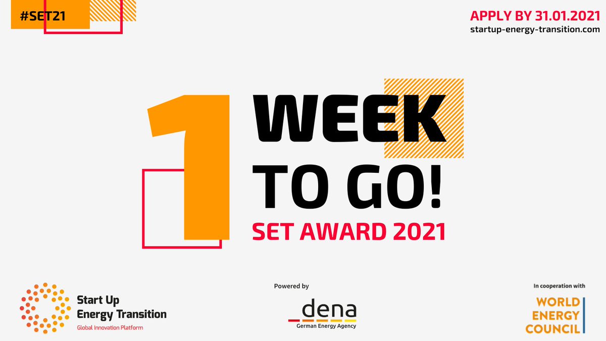 StartUpGET's tweet photo. 1 WEEK TO GO!🚨 Do you have a start-up transforming the energy sector? Do you wish to pitch your idea to a jury of high-level energy investors &amp; experts? Apply for the SET Award 2021 by 31.01.21, gain global exposure &amp; win 10.000€ cash prize 👉https://t.co/m4C0Iab47Y https://t.co/7Av2HIjlcg