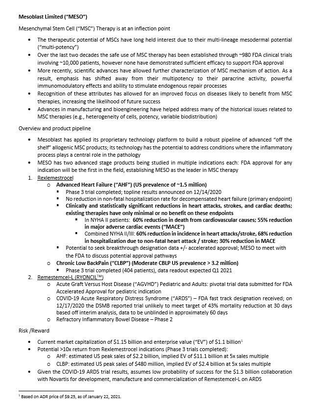 Long $MESO/ $MSB 

Phase 3 trials for Rexlemestrocel lead indications have been completed, they target two huge markets: 
- Advanced Heart Failure (US prevalence ~1.5mm) 
- Chronic Low Back Pain  (>3.2mm)

One-pager 👇. My thoughts, not investment advice