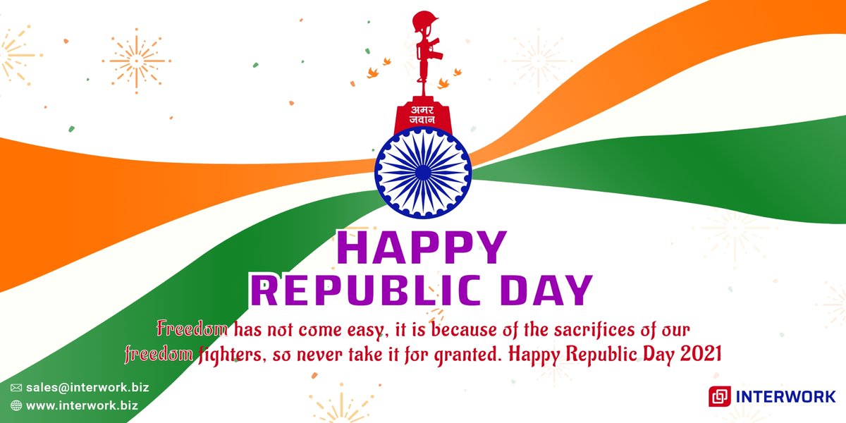 Interworksoft's tweet image. Freedom has not come easy, it is because of the sacrifices of our freedom fighters, so never take it for granted. Happy Republic Day!!!
#InterworkSoftwareSolutions #RepublicDay2021 #RepublicDay #HappyRepublicDay