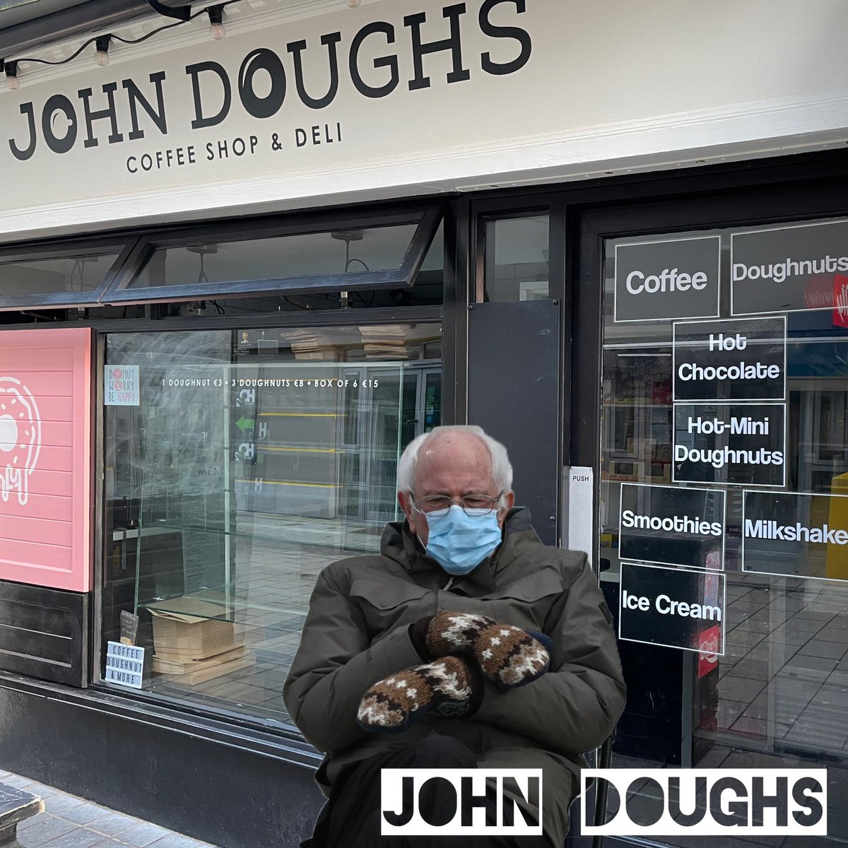 JohnDoughs's tweet photo. Somebody forgot to tell Bernie weβre closed Monday & Tuesday this week!! Heβs been waiting for a cup of coffee all morning π³
#berniememe #backwednesday https://t.co/VfaXdaY8Kv