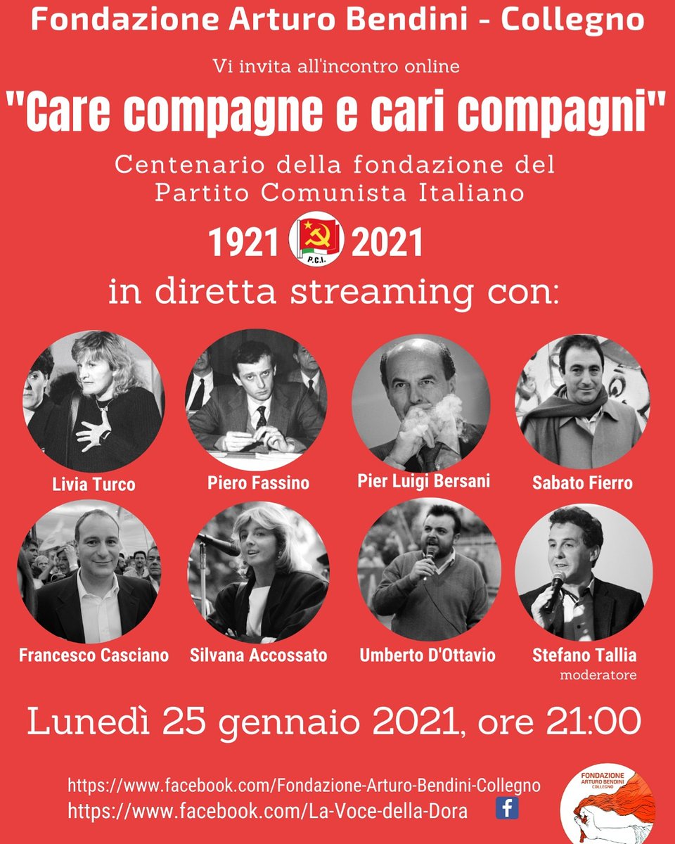 Vi aspettiamo questa sera 25 gennaio 2021 alle ore 21 diretta Facebook sulla pagina della Fondazione Arturo Bendini #PCI100
