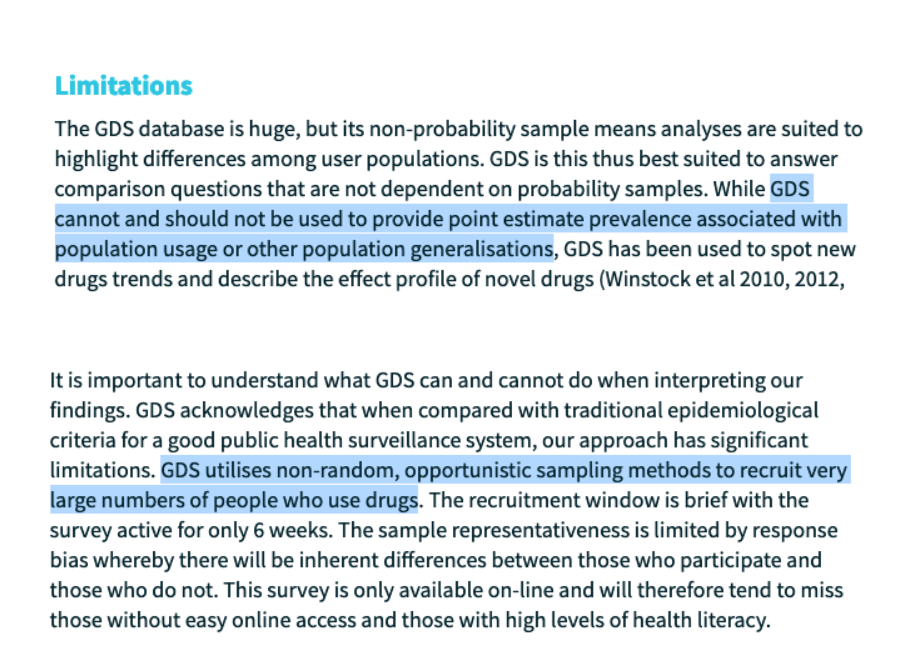 The problem is that the Global Drugs Survey is a non-random internet survey of substance users which explicitly says it should not be used to estimate prevalence in the population. 4/