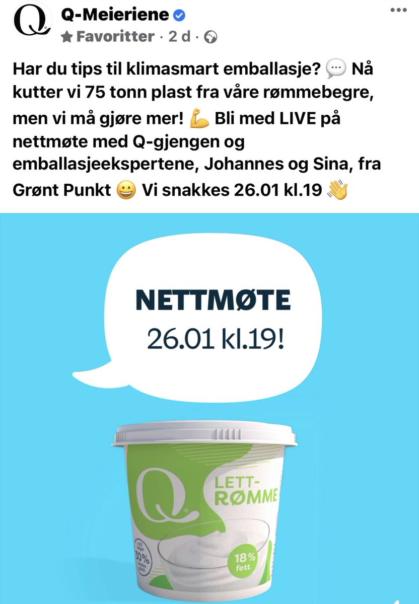 I morgen kveld, kl 19, er det nettmøte. Gi oss gjerne et tips om hvordan vi kan kutte enda mer plast? Enten her eller på Q-Meierienes Facebook side. Vi har virkelig behov for tips? #klimapositiv2030