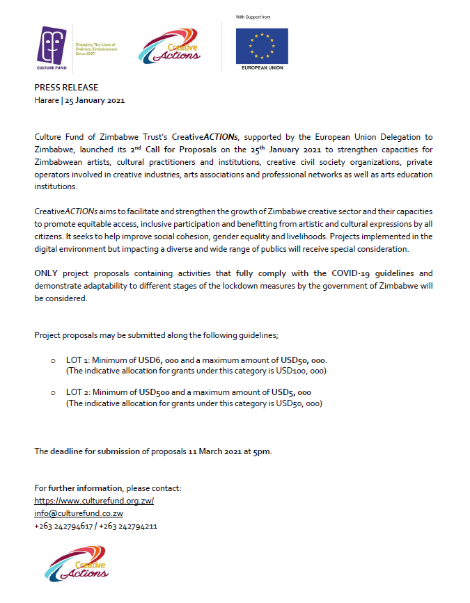#culturefundzim and <a href="/euinzim/">EU Delegation to Zimbabwe 🇪🇺</a> launch 2nd Call for proposals for Zimbabwe’s creative Sector! culturefund.org.zw/creative-actio…