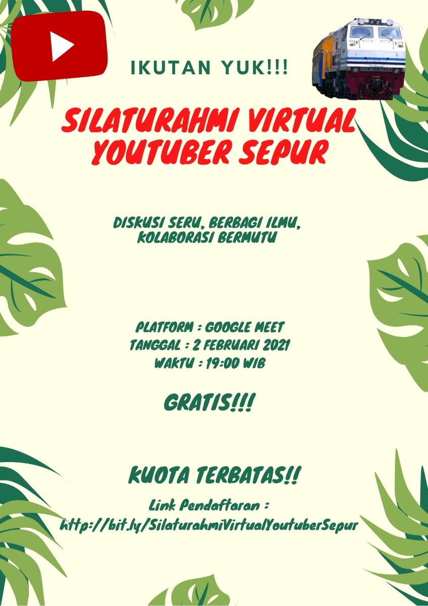 ris_ang_gara's tweet photo. “WE INVITE YOU!”
“Bagi kalian yg memiliki passion membuat konten YouTube, terutama konten kereta api, kami mengajak kalian untuk ikut diskusi seru dan bermutu dalam acara berikut. Daftarkan diri melalui link : https://t.co/9SikwWHziB  . Kami Tunggu. Salam Satu Deru!” https://t.co/Trbhq70SSn