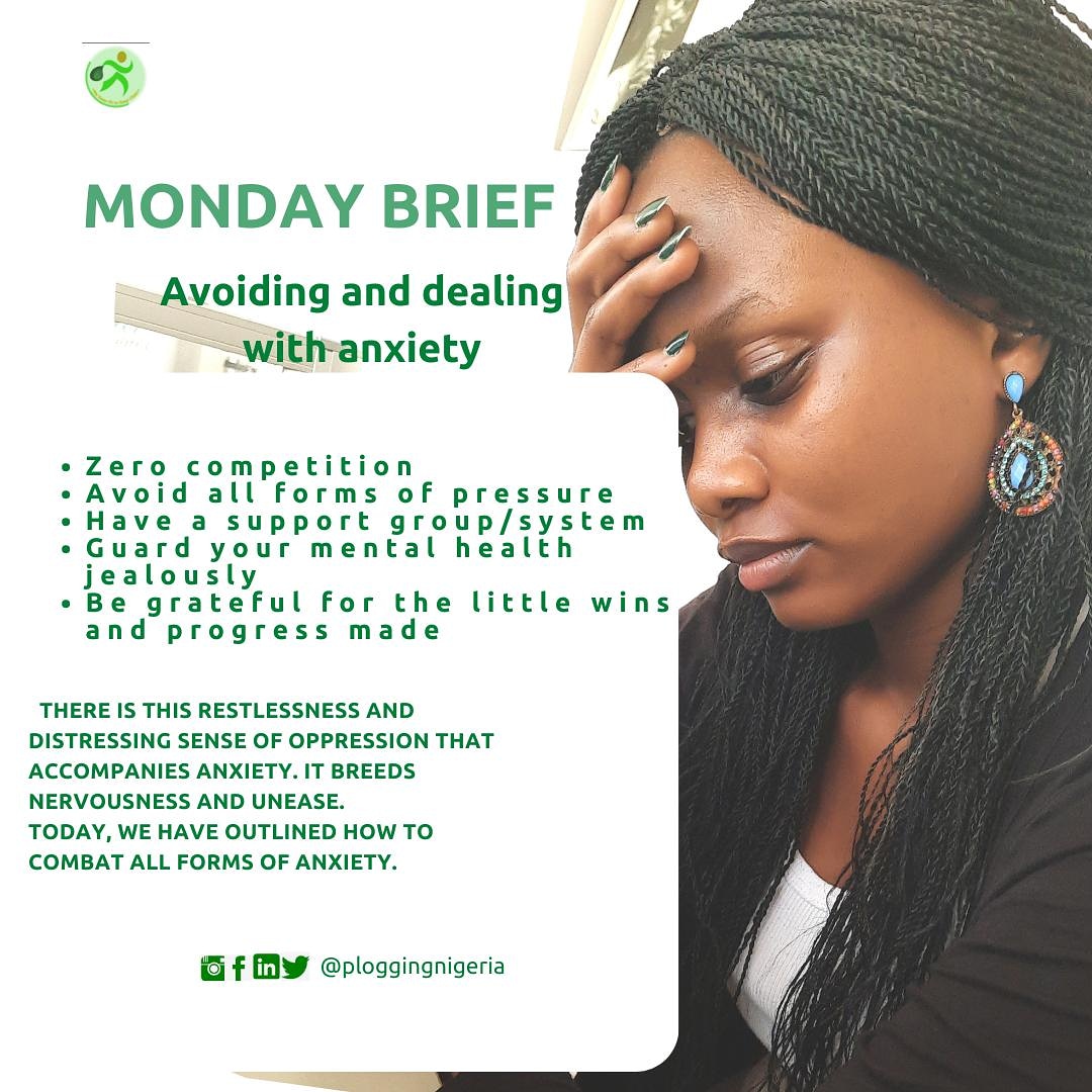  #MondayBrief DEALING WITH ANXIETY So, we have been discussing anxiety and it's effect on our mental health. It is no longer news that apprehension, unease and nervousness all accompany anxiety.A Thread.