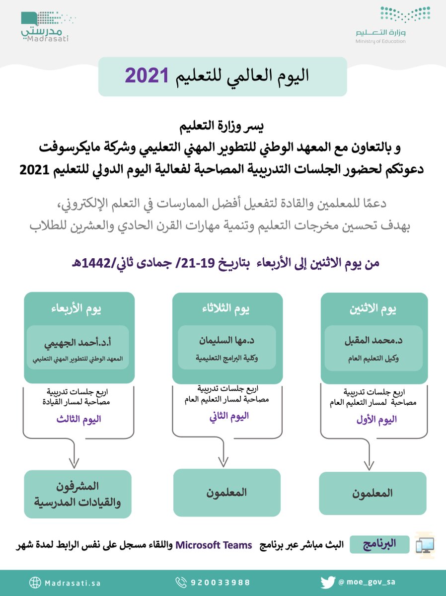 moe_gov_sa's tweet photo. يسر #وزارة_التعليم بالتعاون مع المعهد الوطني للتطوير المهني التعليمي وشركة مايكرسوفت؛ دعوتكم لحضور الجلسات التدريبية المصاحبة لفعالية #اليوم_العالمي_للتعليم 2021، دعماً للمعلمين والقادة؛ لتفعيل أفضل الممارسات في التعلم الإلكتروني. https://t.co/FijJwfytkY