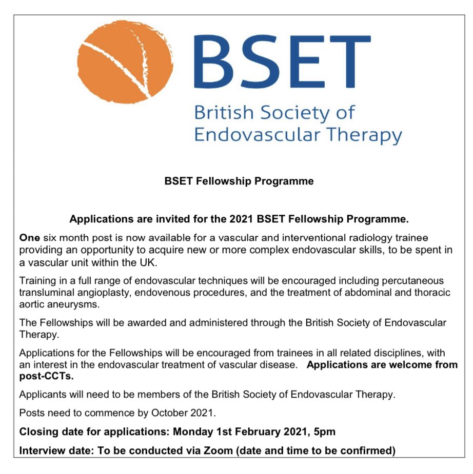 <a href="/BSETnews/">BSET</a> Endovascular Training Fellowship. Deadline 1st February.