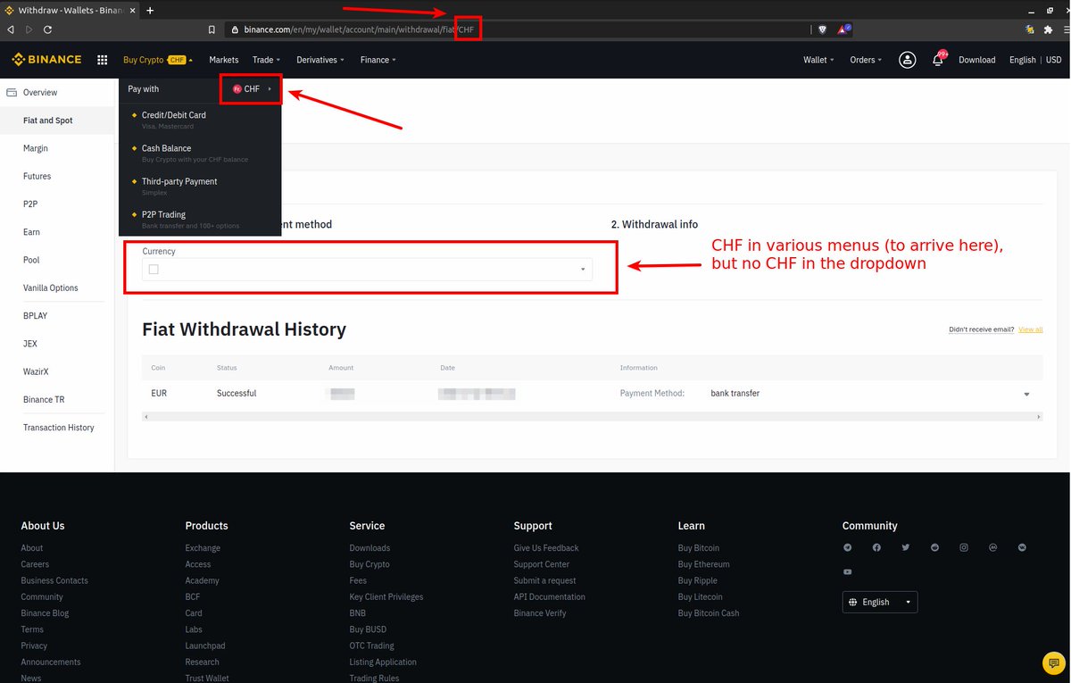 firepol's tweet photo. @binance @cz_binance I'm Swiss (KYC done) I see in "Buy crypto" that CHF is available. I can select CHF, but once I arrive at the top up there is no CHF in the currencies. Bug? Work in progress? Thx for an update &amp; cheers from Switzerland https://t.co/GX09SML2SD