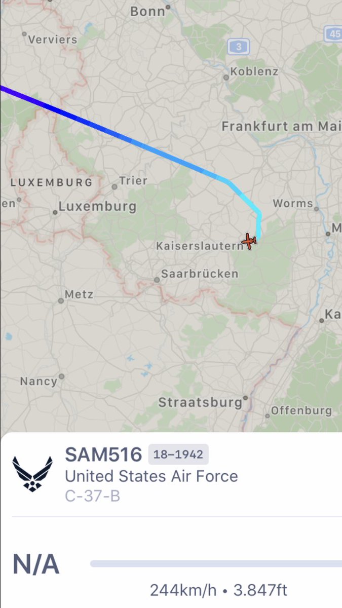 SAM 516 ( USAF C-37 / 18-1942) is currently on the approach at Ramstein Airbase, Germany.