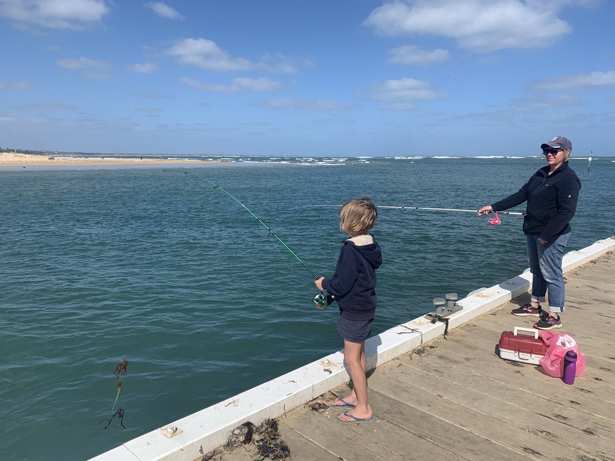 There was more fishing. A much more experienced fisherman gave Emma the honours to return his undersized catch. &ndash; bei  At The Heads, Barwon Heads