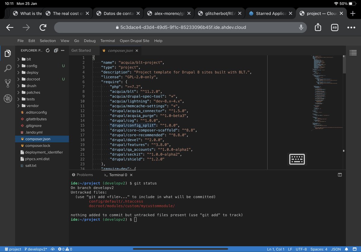 morenodotnet's tweet photo. well well well, look at this. It turns out that you can #develop from your #iPad or #Chromebooks, if you use @acquia Cloud IDE.

This screenshot is Chrome browser in my iPad, editing the codebase of a Drupal site. You can edit, commit, push and deploy from the iPad.. #nolimits 😍 https://t.co/MtE77e652X