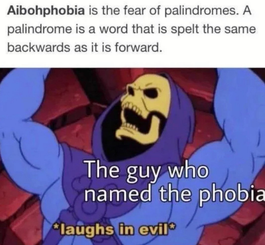 AlexJayZA's tweet photo. #MalMaandag
From the people who brought you the word "dyslexia":
The term for fear of palindromes IS a palindrome.
Haibo! 🤣 https://t.co/BJZHT7G9ST
