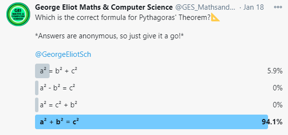 GES_MathsandCS's tweet photo. Well done to 94.1% of you who corrected selected a²+b²=c² as the correct formula for Pythagoras' Theorem!
Keep an eye out for this week's poll @GeorgeEliotSch!
#AimForExcellence #STAR #diagnosticquestions https://t.co/pMlJMHRSN4