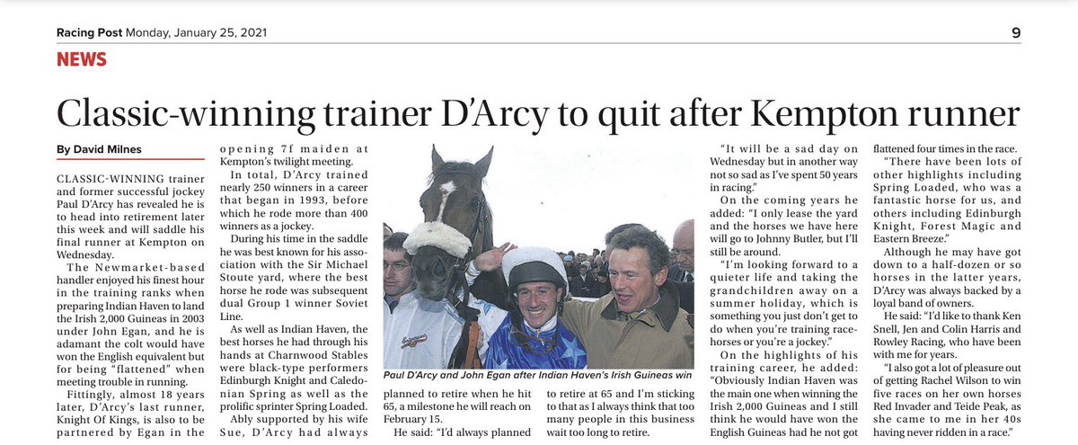 Pauldarcyracing's tweet photo. This is our last week training. Had a good innings. Have had some amazing days with marvellous people and horses. Thanks must go to our fabulous loyal owners and staff. Thanks also to everyone who has followed the yard and been so supportive. https://t.co/y9WzmxytmI