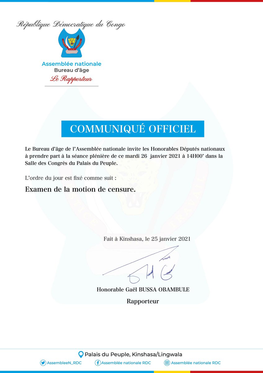 AssembleeNatRDC's tweet photo. #Praeter : Le point inscrit à l’ordre du #jour  : 
« #EXAMEN DE LA MOTION DE CENSURE. » https://t.co/rEBcuPwbwC