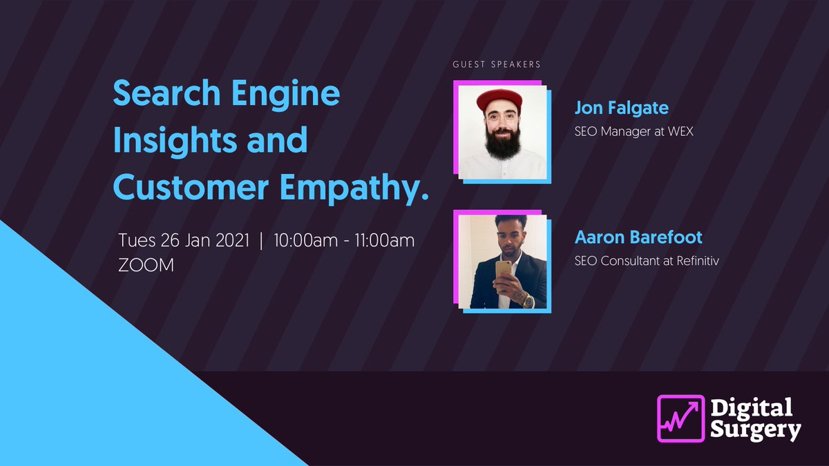 It's less than 24 hours till our next Digital Surgery Webinar! ⏰

Don't forget to book your place and join Jon Falgate, SEO Manager at <a href="/wextweets/">Wex Photo Video</a> and Video and Aaron Barefoot, SEO Consultant at @Refinitiv 🙌

See you there.
lnkd.in/dCpEfiH