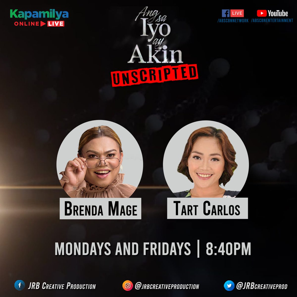 JRBcreativeprod's tweet photo. Sila ang magpapakalma sa mga mainit na eksena ngayong gabi! Abangan sina @tartcarlos at @iambrendamage mamaya sa #ASIAAUnscripted, 8:40pm sa Kapamilya Online Live! 

#ASIAApakiusap 
#JRBCreativeProduction https://t.co/HBl3SLj9Ir