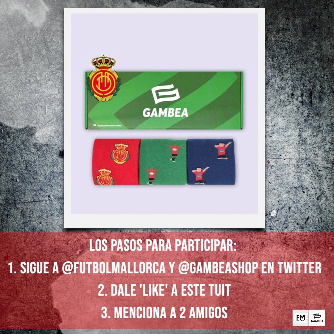 FutbolMallorca's tweet photo. 😎 #FutbolMallorca y Gambea, unidos para difundir mallorquinismo.

Participa en el SORTEO de este pack de calcetines cumpliendo los siguientes pasos:

1️⃣ Sigue a @FutbolMallorca y a @gambeashop.
2️⃣ Dale ‘MG’ a este tuit.
3️⃣ Menciona a dos amigos.

🗓 El ganador se sabrá el 30/01. https://t.co/XBCcFUOfpT