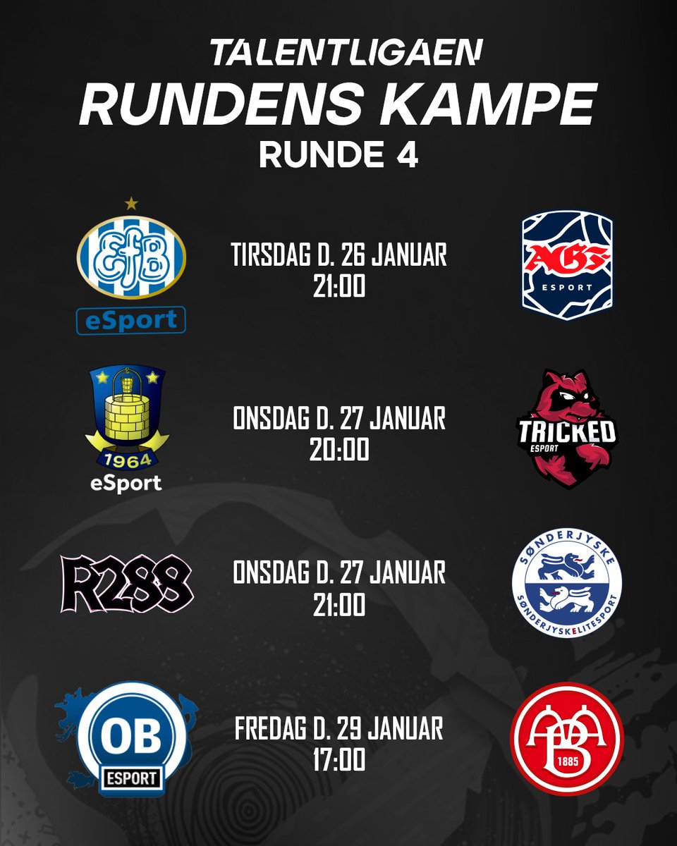 talentligaen's tweet photo. KAMPPROGRAM FOR RUNDE 3 OG 4 💥
Vi er klar med endnu en omgang af #Talentligaen, hvor tirsdag er spækket med hele 5 (!!) kampe. 

Der er lagt op til en brag af en kamp, når sidste sæsons ene semifinale genspiller sig i Runde 4 mellem @brondbyesport og @TRICKED_esport 🥶 https://t.co/lcFbpygmiJ