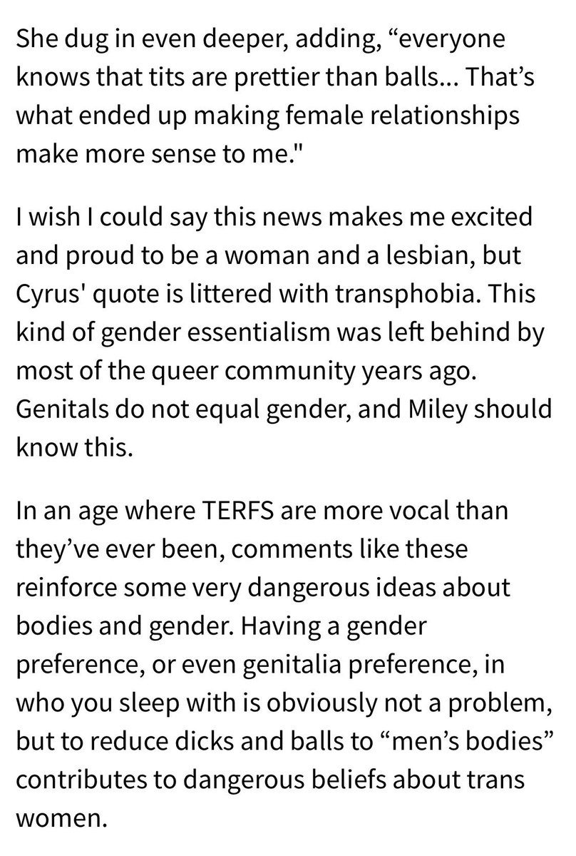 Miley Cyrus claiming that breasts are more attractive than balls is the most transphobic thing I’ve ever read. 😡

Nothing says feminine allure quite like a thoroughly waxed scrotum.
