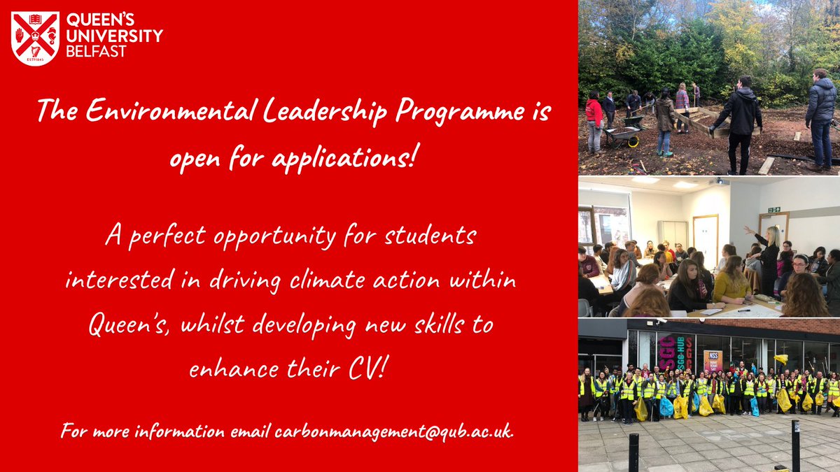 greenatqueens's tweet image. The Environmental Leadership Programme is launching this February! 

Join us online for a 6 week programme which provides Queen's students with the opportunity to drive climate action within QUB 🌍🌱♻️

For more info bit.ly/32ZocdD 

#LoveQUB #QUBSustainability