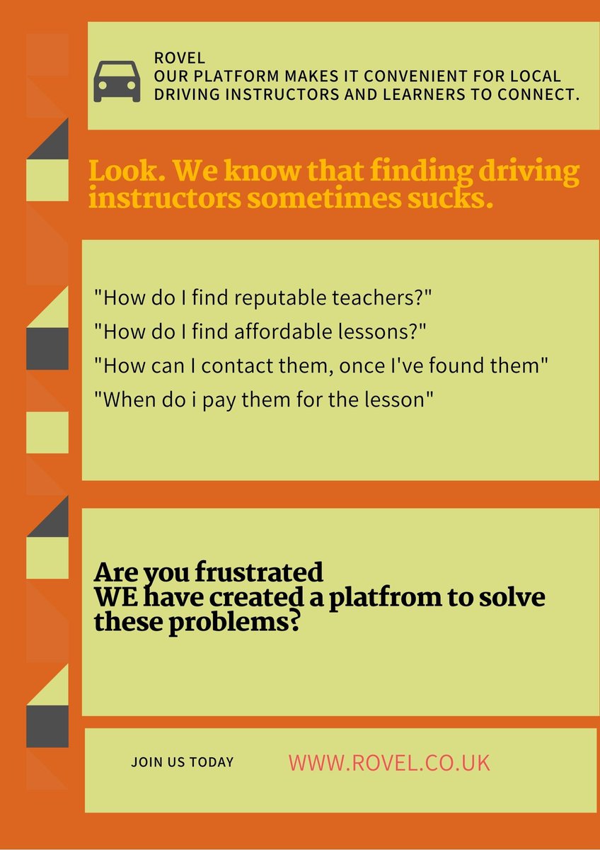 Looking for driving instructor

rovel.co.uk  

#free
#signup
#learntodrive 
#localbusiness 
#localinstructor