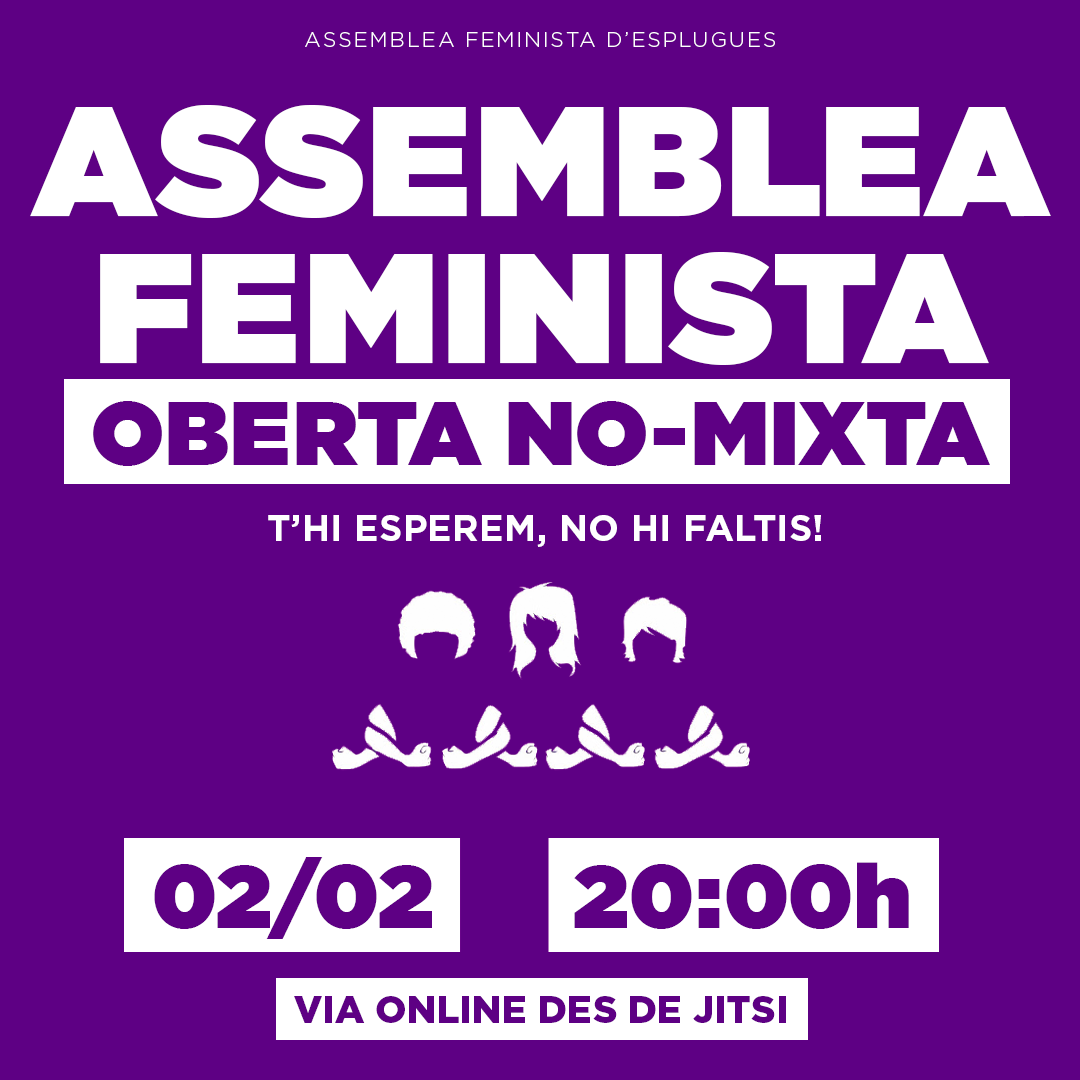 EspluguesFemi's tweet photo. Ja saps què significa que s'acosti el primer dimarts de febrer, oi?🤔

Toca Assemblea Feminista a Esplugues‼️

Apunta✏️👇

📆 Dimarts 2 febrer
⏰ 20 h
💻 Via online (escriu-nos i et farem arribar l'enllaç)
 👭Totes les dones, tant trans com cis, sou benvingudes!

#08950Feminista https://t.co/XI0wlHtcah