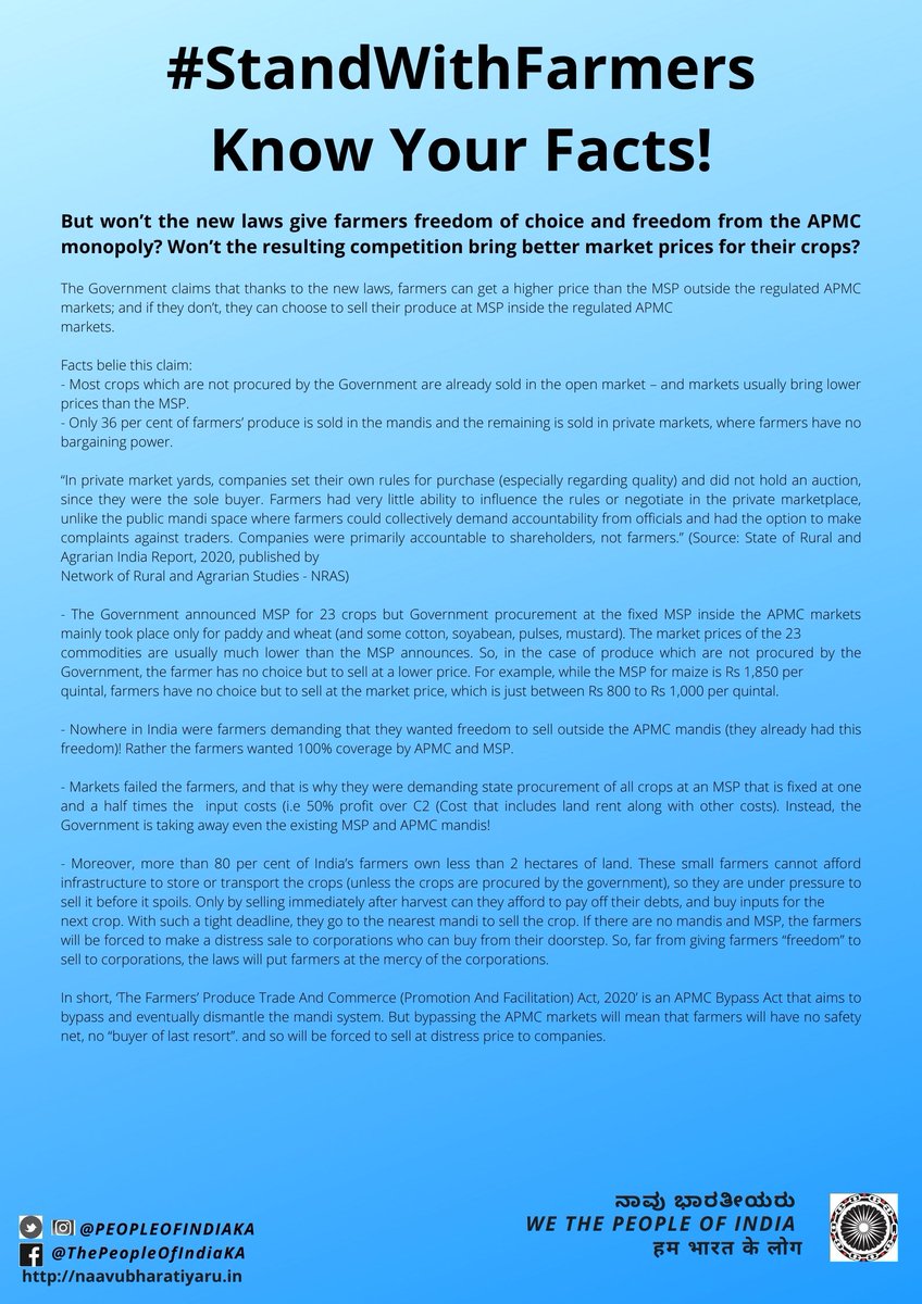 5/n: The supposed freedom of choice these reforms give farmers, is to choose between poverty and engaging without any bargaining power with monopolistic corporates. #Karnatakawithfarmers  #ರೈತರೊಂದಿಗೆನಾವು