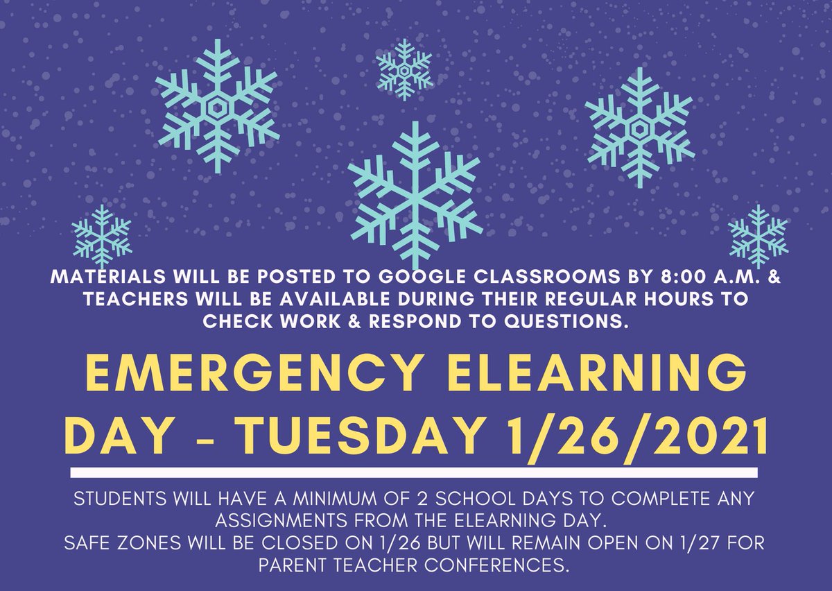 SCHK12's tweet image. Due to the major snow storm event predicted for tonight into tomorrow, #schk12 will be utilizing an emergency eLearning Day for tomorrow, 1/26. Safe zones will be closed, after school activities are cancelled &amp;amp; any testing will be rescheduled. #schstrong #15K