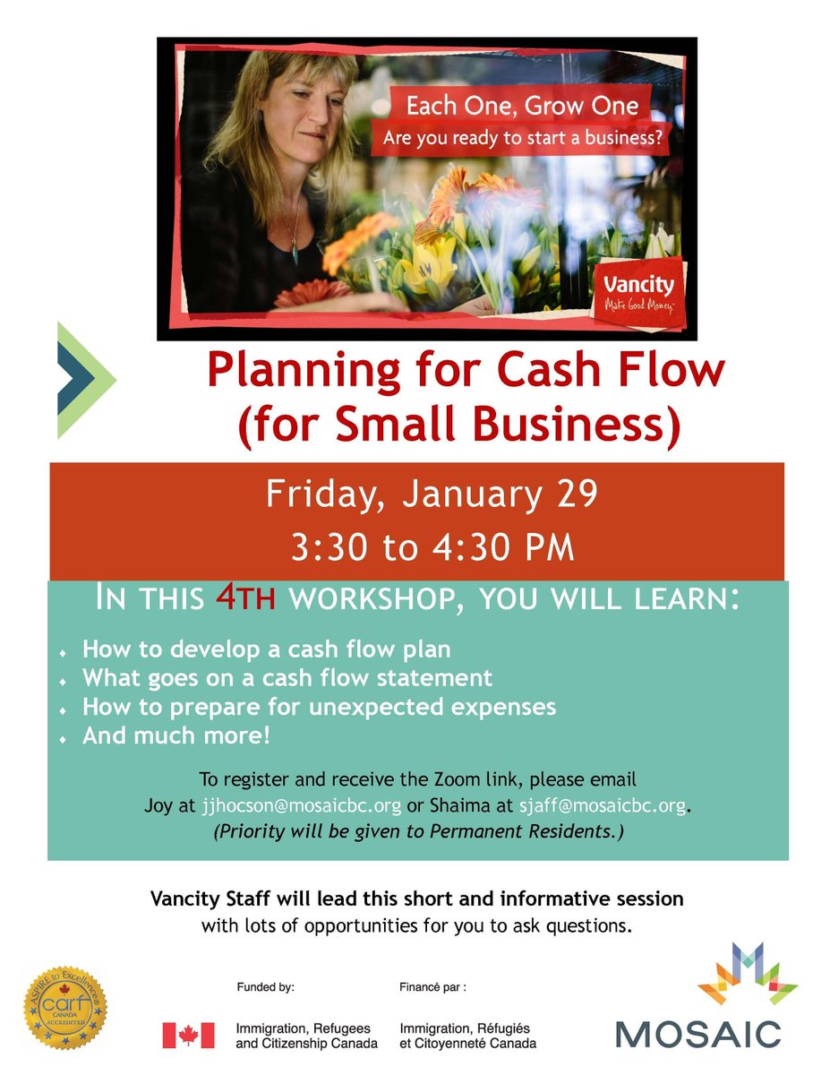 MOSAICBC's tweet photo. Join us this Friday (Jan 29) at 3:30 pm to learn about how to develop a cash flow, how to manage cash flow statement, how to prepare for unexpected expenses &amp; much more! 📈

To register, please email Joy at jjhocson@mosaicbc.org or Shaima at sjaff@mosaicbc.org https://t.co/VrCfv48B9w