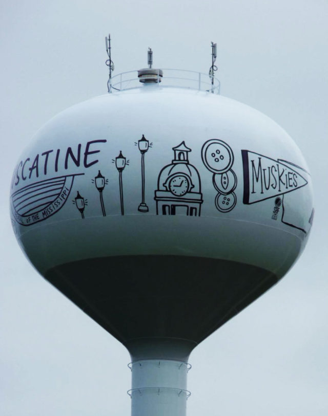 AGCChem_Amer's tweet photo. The design on this #watertower represents the city of Muscatine, Iowa. To protect the artwork for years to come, the tank is coated with @TnemecCompany’s HydroFlon finish enriched with LUMIFLON resin for long-term color and gloss retention. https://t.co/CYWpNMubTv https://t.co/ELFcM6z9uv