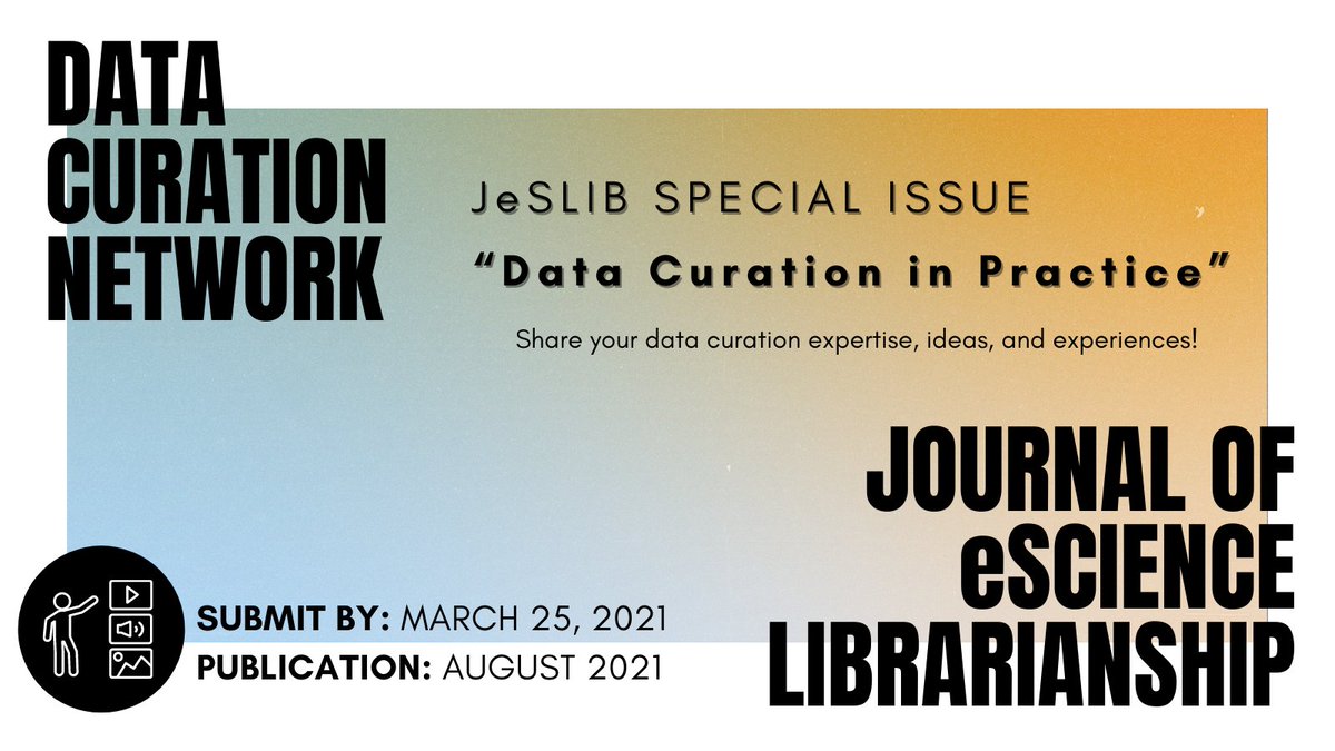 JeSLIBJournal's tweet image. 📢 We are excited to announce a partnership with the #DataCurationNetwork! A call for submissions to the JeSLIB Special Issue &quot;Data Curation in Practice&quot; is now open! Share your data curation expertise, ideas &amp;amp; experiences! 🗓️ Submit by March 25

ℹ️ More: datacurationnetwork.org/2021/01/22/cal…