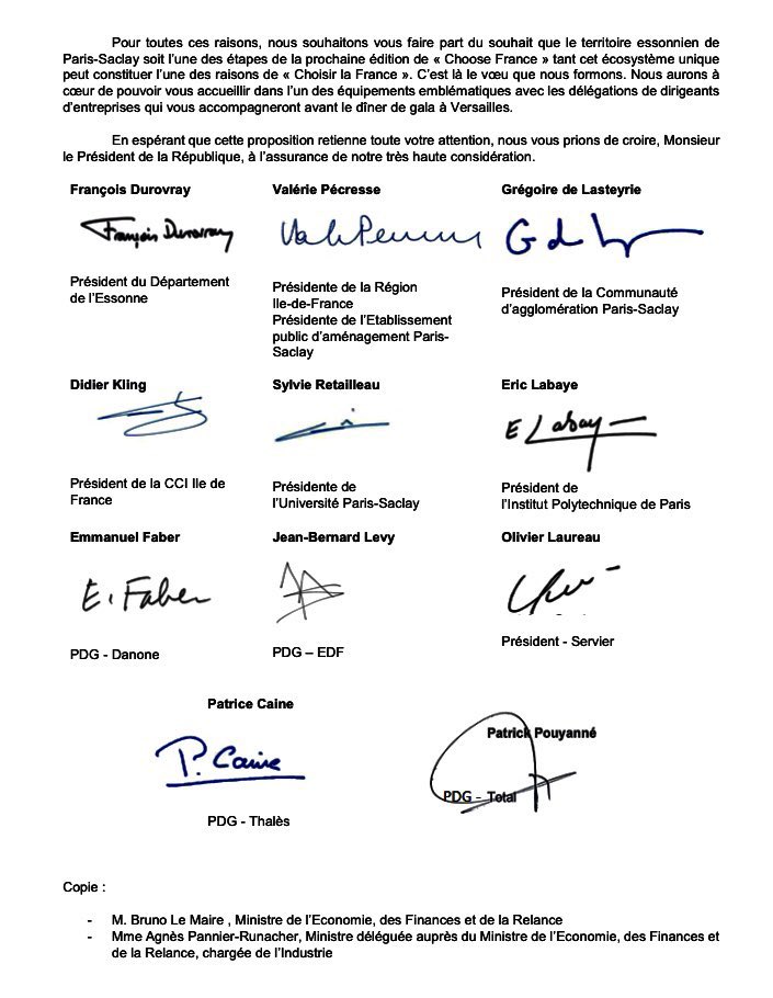 Quel meilleur lieu que <a href="/agglopariSaclay/">Agglomération Paris-Saclay</a>, symbole de l’excellence à la 🇫🇷, pour accueillir une des étapes du prochain sommet #ChooseFrance ? 
Voilà la proposition constructive faite par ce courrier à <a href="/EmmanuelMacron/">Emmanuel Macron</a> et dans cette tribune ➡️ bit.ly/3a0crpy