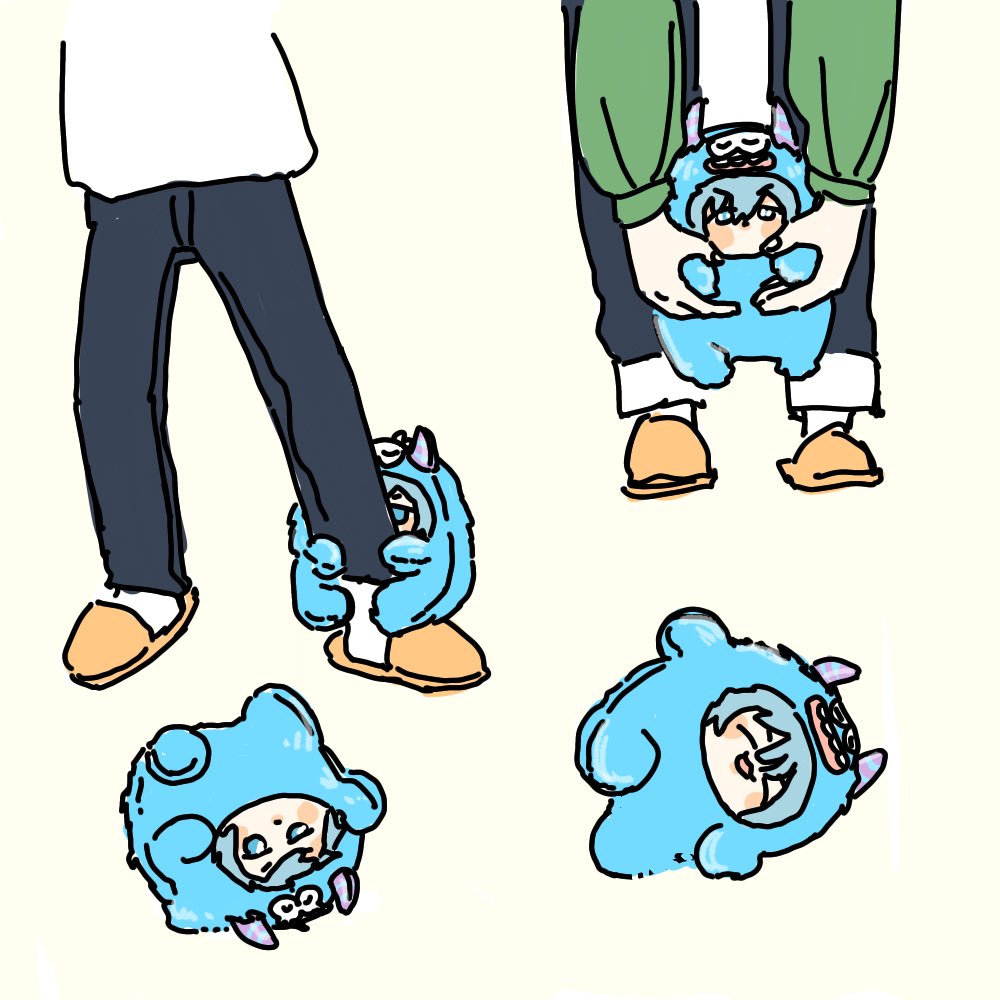 1boy simple background white background pants blue eyes slippers blue hair  illustration images