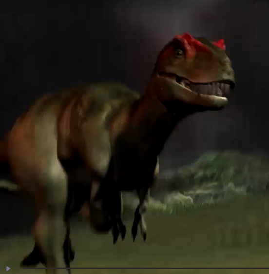 [13/19] Teratophoneus originally fulfilled Allosaurus' role in the stampede, attacking a Baby Triceratops and avoiding the attack of an adult, instead of an Allo trying to catch a Gallimimus.Both theropods ended up being hit by a volcanic rock in both versions