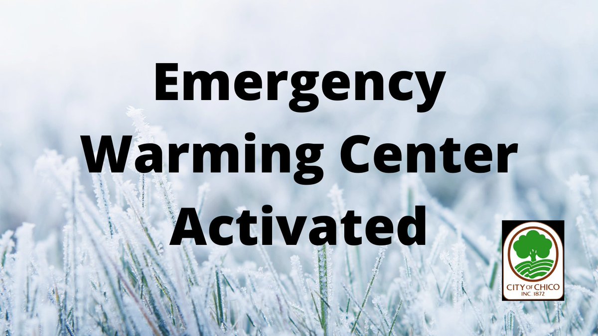 ChicoCityof's tweet photo. An emergency warming center will be made available on Monday, January 25, 2021. The warming center will be located at Depot Park on 5th and Cedar Streets and will be open from 5:00 p.m. through 8:00 a.m. https://t.co/KZKKxjGMYE