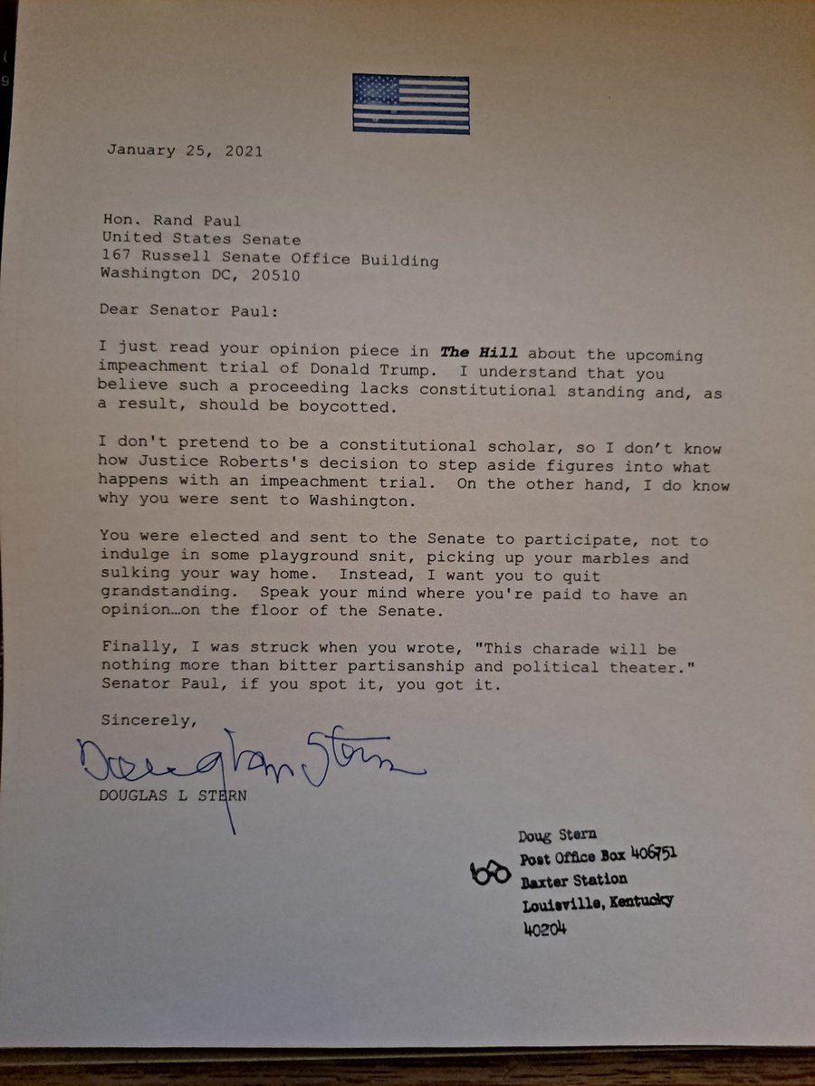 DouglasLStern's tweet image. #RandPaul I agree with him...sometimes; e.g., on military spending and government intrusions. Other times, we disagree; e.g., the CDC's COVID policies. And then there are times I wish he would just stay in his lane. #Impeachment