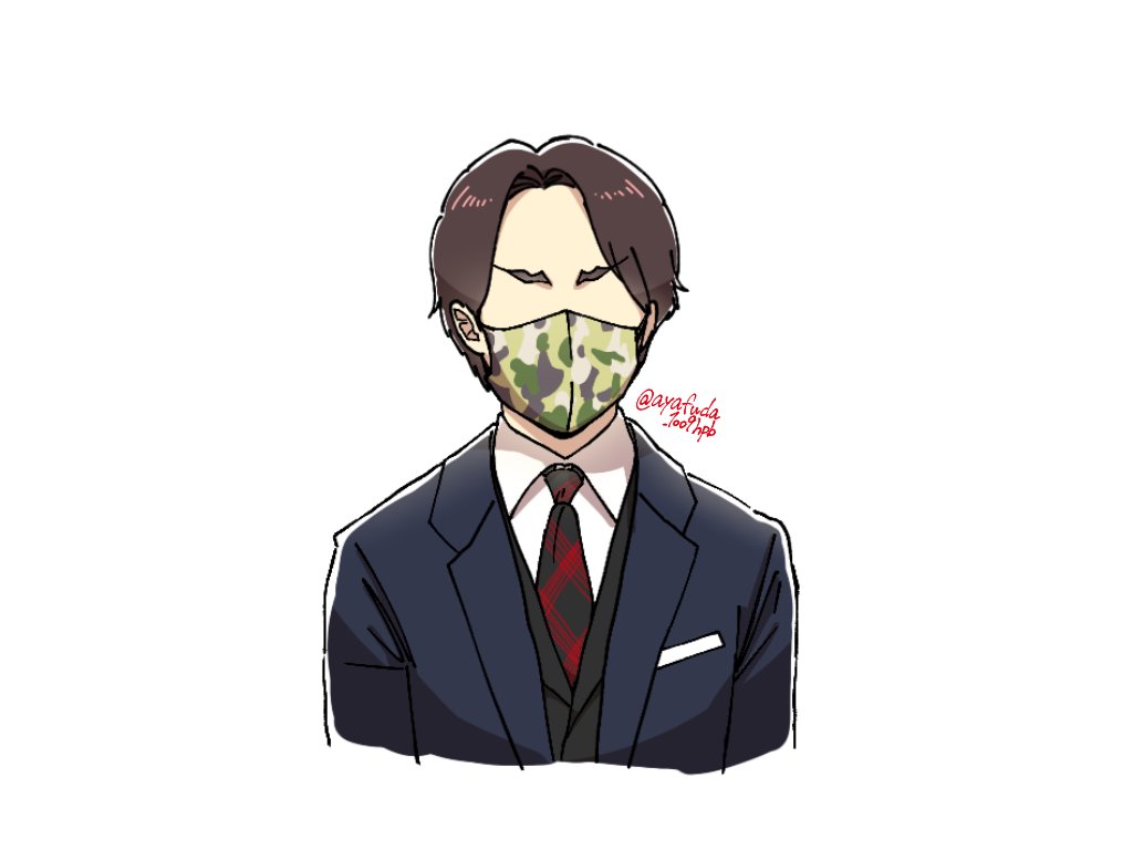 1boy male focus necktie solo mask white background korean text  illustration images