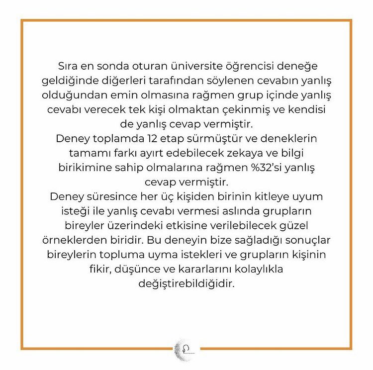 PsikoGenclikDer's tweet photo. Sosyal uyum deneyi, insanın karar verme sürecinde çevre etkisinin ne denli önemli olduğunu gösteren bir deneydir. Daha fazla bilgi almak için yazımızı okuyabilir ve bizlere fikirlerinizi iletebilirsiniz. 

Keyifli okumalar dileriz! 

#psigent #psikoloji
#deney #asch #sosyaluyum https://t.co/r2jHb9Ldty