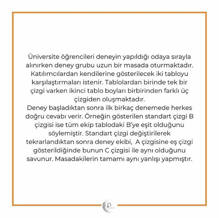 PsikoGenclikDer's tweet photo. Sosyal uyum deneyi, insanın karar verme sürecinde çevre etkisinin ne denli önemli olduğunu gösteren bir deneydir. Daha fazla bilgi almak için yazımızı okuyabilir ve bizlere fikirlerinizi iletebilirsiniz. 

Keyifli okumalar dileriz! 

#psigent #psikoloji
#deney #asch #sosyaluyum https://t.co/r2jHb9Ldty