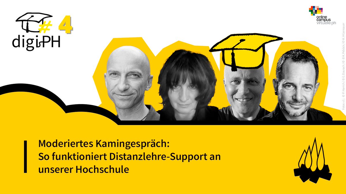 virtuelleph's tweet photo. #digiPH4 am 2.2. 13:00-14:30: Held_innen vor den Vorhang! @SchwablG lädt zum Kamingespräch zum Thema #distanzlehre-Support an PHen! @pharrich (PHK) @kpeboeck (PHV) @whilzensauer (PHS) & G. Daurach (HAUP) diskutieren gemeinsam mit den Teilnehmenden. Infos: https://t.co/AtmbrtTGQs https://t.co/4Ly2SkTJk9