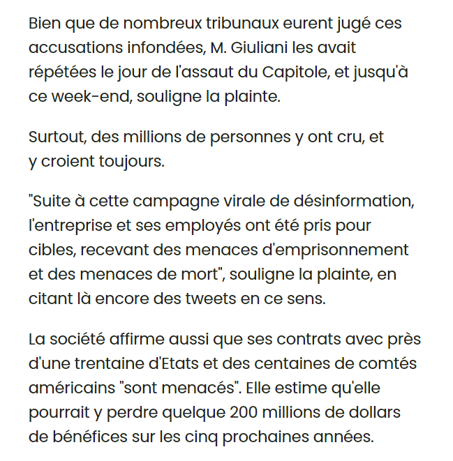 afpfr's tweet photo. L'avocat de D. Trump affirme que les machines #Dominion ont contribué à "voler l'élection" : Dominion a attaqué lundi en justice Rudy Giuliani pour diffamation, lui réclamant 1,3 milliard de dommages et intérêts pour avoir nui à sa réputation et mis en danger ses employés #AFP https://t.co/xEWajUqxkk