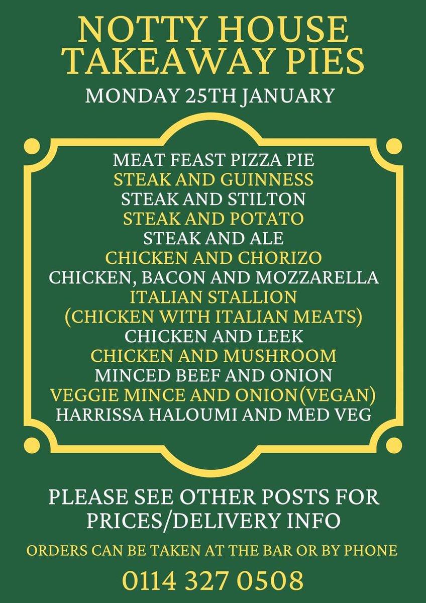 Meat Feast Pizza Pie and Chicken &amp; Chorizo join the menu today #pie #sheffield #pub #sheffuni #takeaway #delivery #nottypies